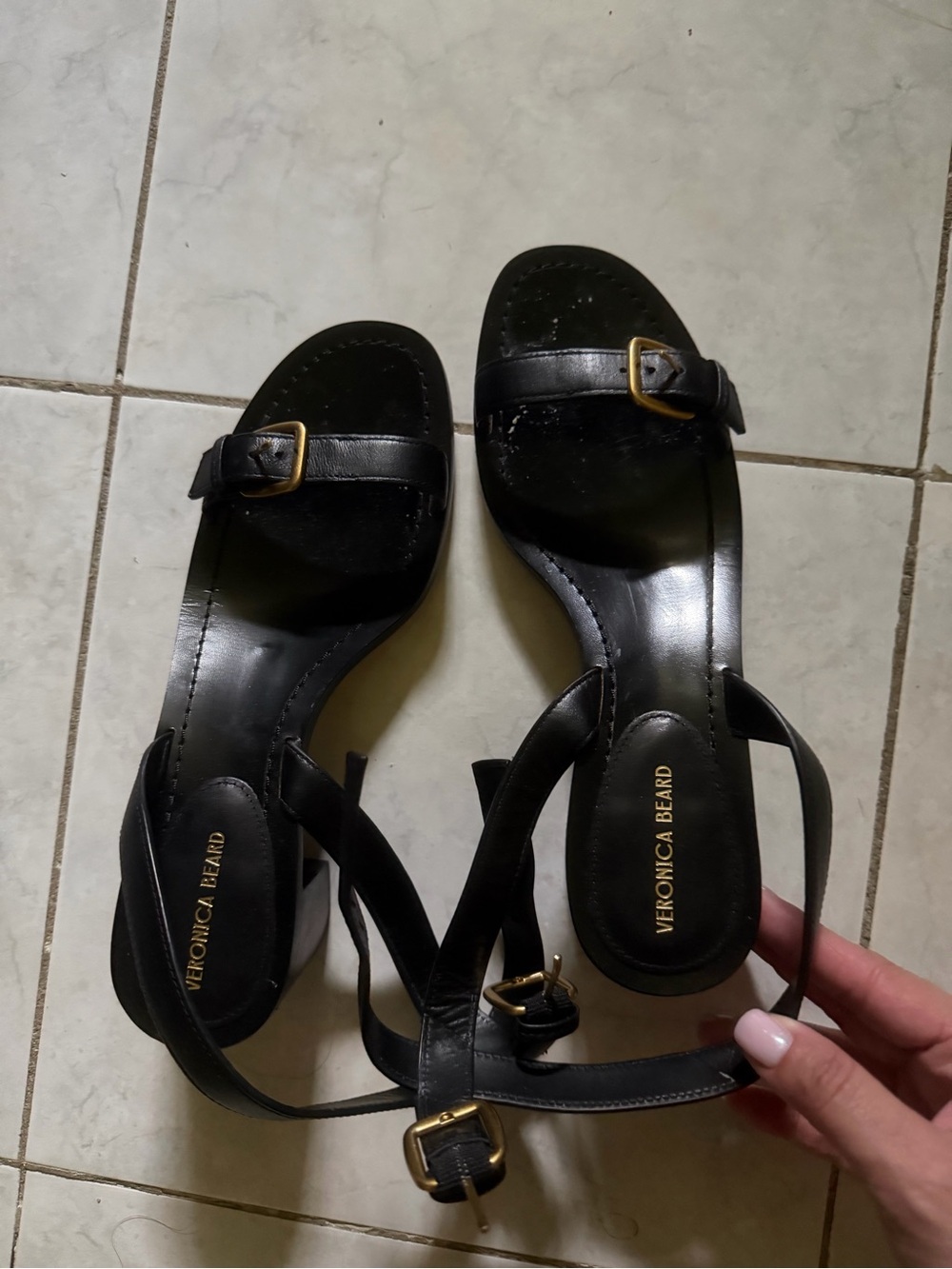 Veronica Beard Black Leather Strappy Sandals with Gold Buckles